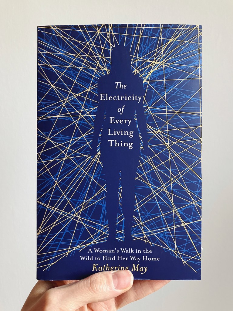 The book "The Electricity of Every Living Thing" by Katherine May. The cover is blue, featuring straight lines in all directions going across the cover like beams of golden light. The silhouette of a person in the background blue color breaks up the lines, with the title laid over the silhouette.