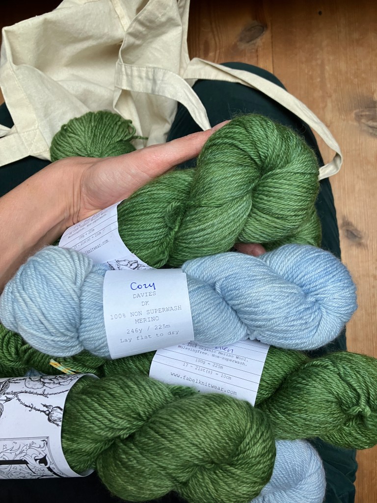 Twisted skeins of yarn in grassy green and pale blue.